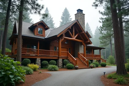Extérieur d'un lodge en bois massif entouré d'une forêt de pins avec une terrasse en bois et une cheminée en pierre