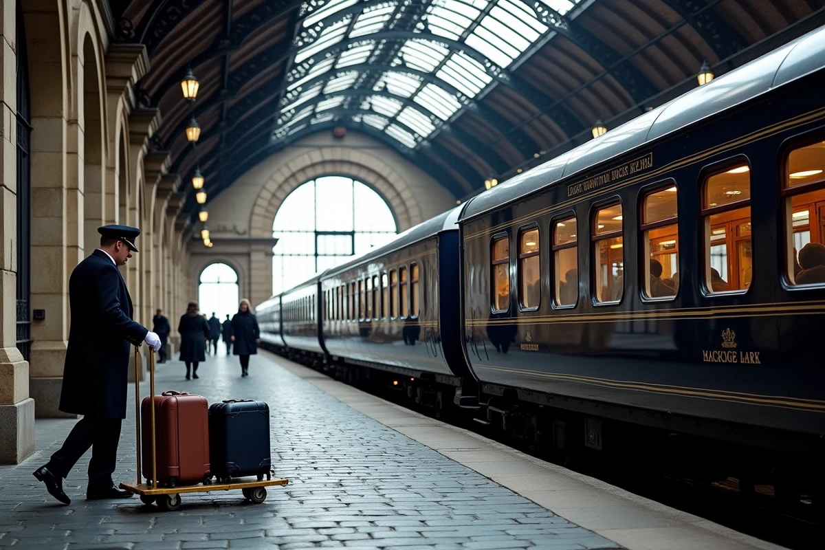 Extérieur d'un train de luxe bleu nuit en gare historique européenne avec porteur en uniforme et voyageurs élégants sur le quai