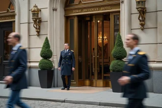 Façade d'entrée d'un grand hôtel de luxe cinq étoiles avec portier en uniforme et portes en laiton poli