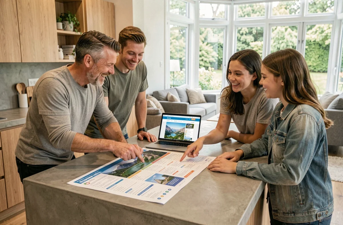 Famille réunie autour d'un plan de vacances organisées avec un devis séjour clé en main imprimé
