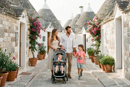 Famille avec poussette se promenant dans les ruelles pavées d'Alberobello parmi les trulli traditionnels des Pouilles