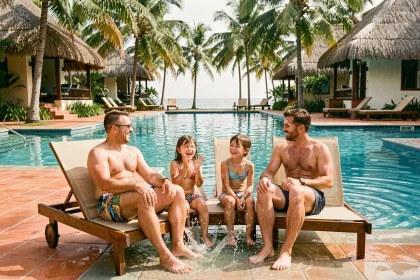 Famille en vacances tout compris au bord d'une piscine tropicale dans un resort Selectour