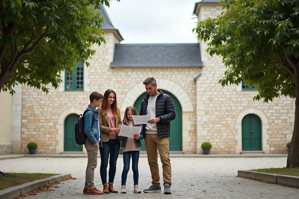 Famille de touristes consultant un itinéraire de vacances devant un fronton de pelote basque à Saint-Jean-de-Luz