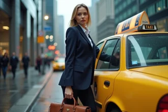 Une femme d'affaires montant dans un taxi jaune dans une rue urbaine animée et mouillée