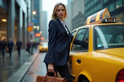 Une femme d'affaires montant dans un taxi jaune dans une rue urbaine animée et mouillée