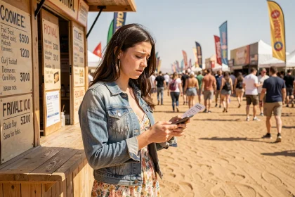 Jeune femme inquiète devant un guichet de billetterie au festival Coachella, tenant un ticket et vérifiant les prix sur son téléphone