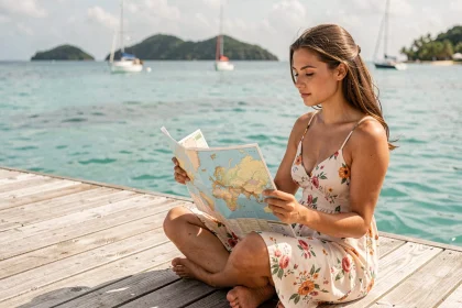 Jeune femme consultant une carte des Caraïbes sur un ponton en bois avec vue sur une baie turquoise