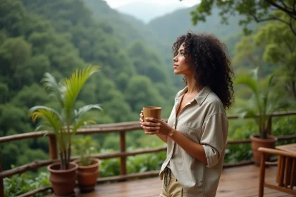 Femme sur la terrasse d'un écolodge en bois surplombant une forêt tropicale, illustrant le tourisme durable et responsable