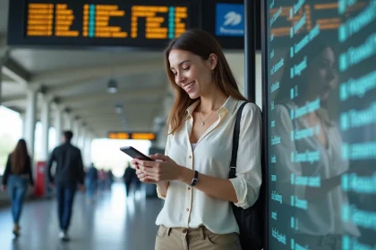 Femme consultant son smartphone devant un tableau des départs en gare de Nantes pour réserver un voyage dernière minute avec Leclerc Voyages