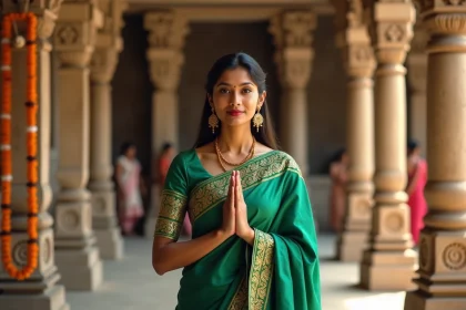Femme indienne portant un sari vert en soie devant un temple hindou lors du mercredi rituel