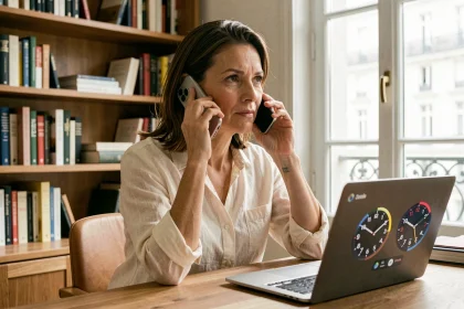 Femme parisienne au téléphone consultant les fuseaux horaires France Martinique sur son ordinateur