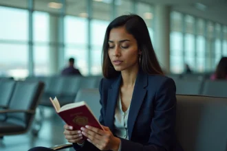 Femme tenant un passeport ouvert avec un visa expiré dans un terminal d'aéroport international