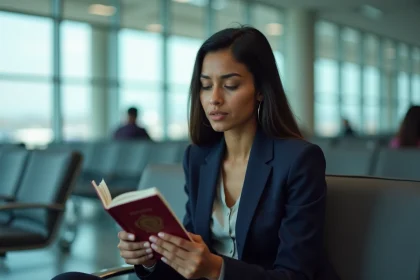 Femme tenant un passeport ouvert avec un visa expiré dans un terminal d'aéroport international