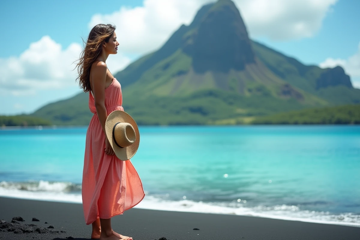 Femme contemplant le Mont Otemanu depuis une plage de sable noir volcanique à Bora Bora, Polynésie française