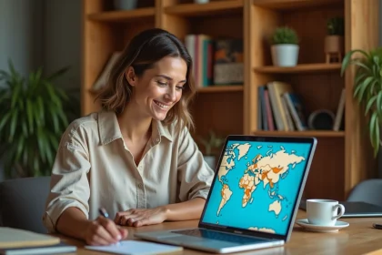 Femme planifiant un voyage sur Google My Maps depuis son bureau à domicile avec un ordinateur portable