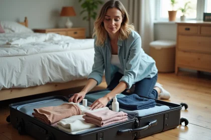 Femme organisant soigneusement sa valise ouverte avec vêtements et accessoires de voyage sur le plancher d'une chambre