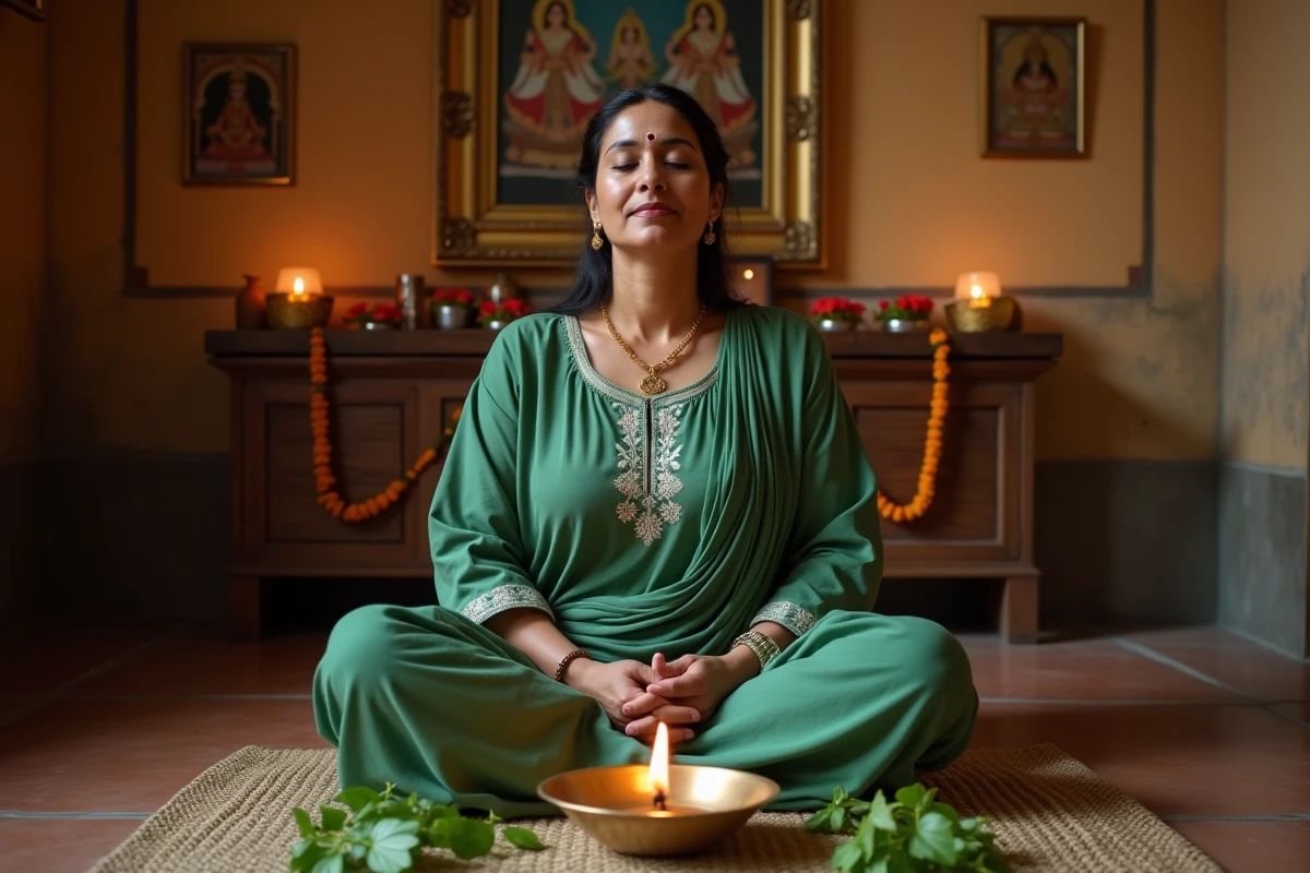 Femme indienne en salwar kameez vert priant dans une salle de puja traditionnelle à Mumbai le mercredi