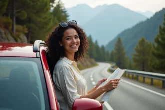 Femme souriante appuyée contre une voiture SUV sur une route de montagne lors d'un road trip