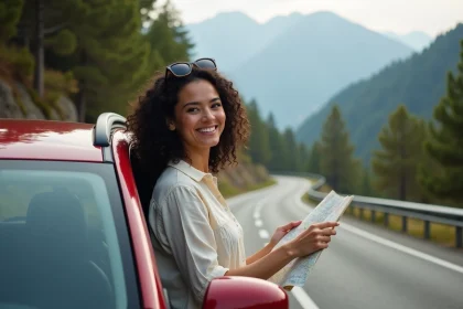 Femme souriante appuyée contre une voiture SUV sur une route de montagne lors d'un road trip