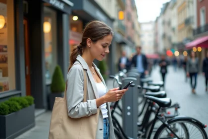 Femme consultant une application d'itinéraire éco-responsable sur son smartphone à une station de vélos en libre-service en ville