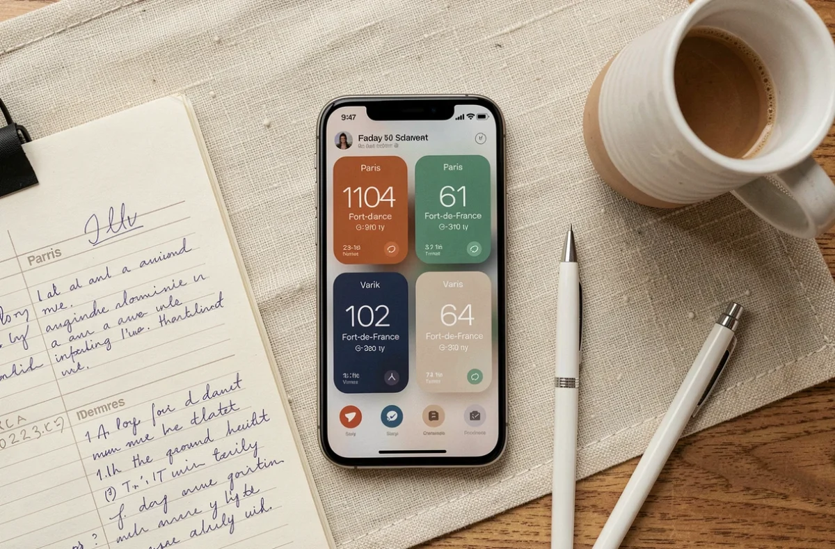 Vue de dessus d'un smartphone affichant les fuseaux horaires Paris et Fort-de-France pour planifier un appel