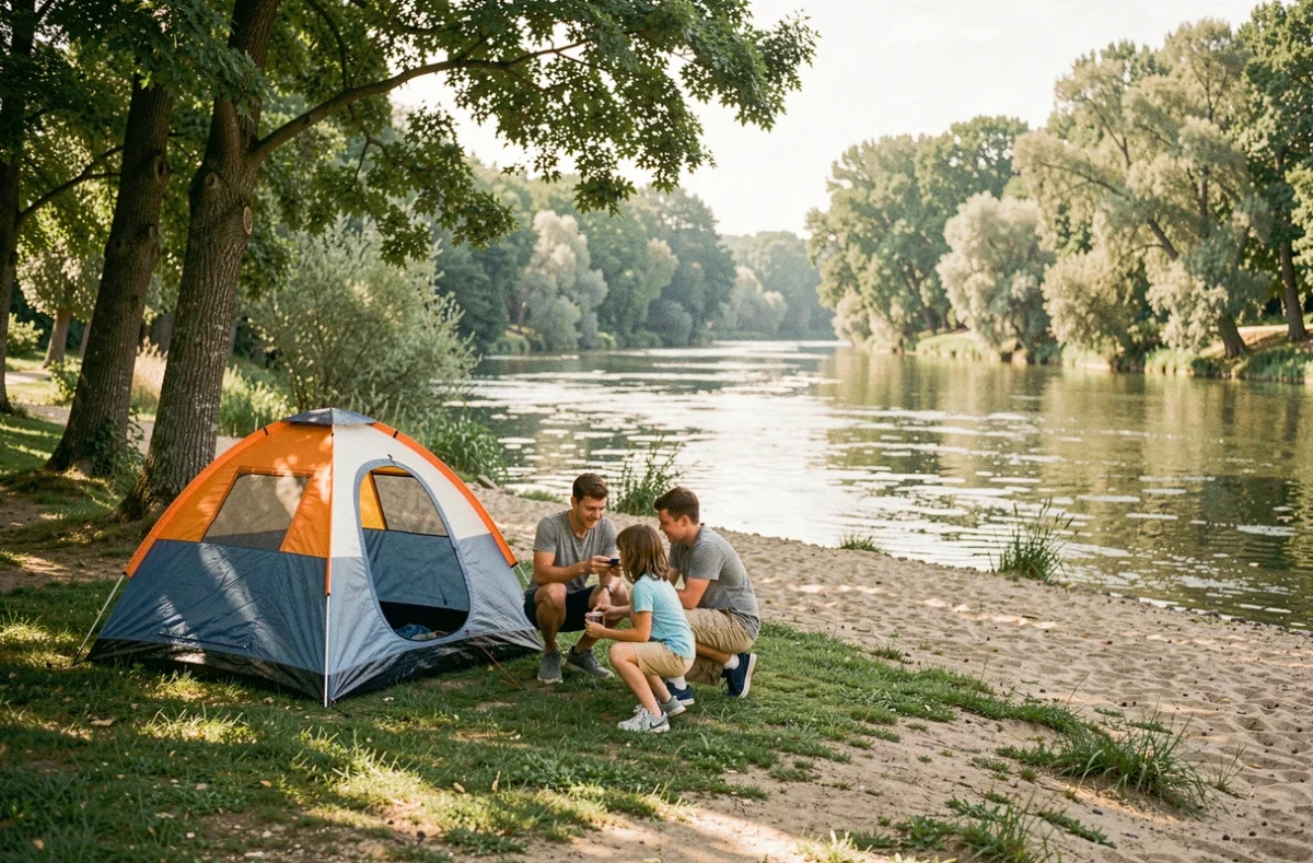 Famille installant une tente au camping Flower Les Plages de l'Ain en bord de rivière