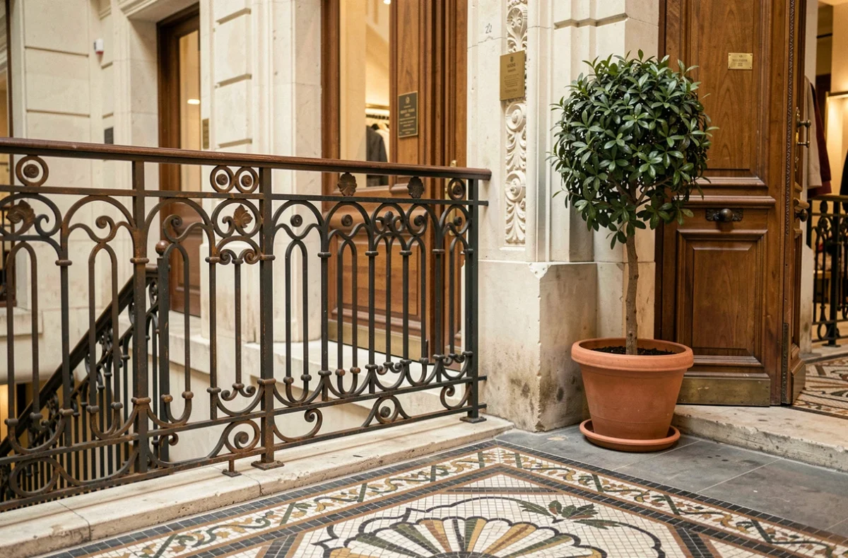 Détail architectural de la Galerie Vivienne à Paris, balustrade en fer forgé et sol en mosaïque