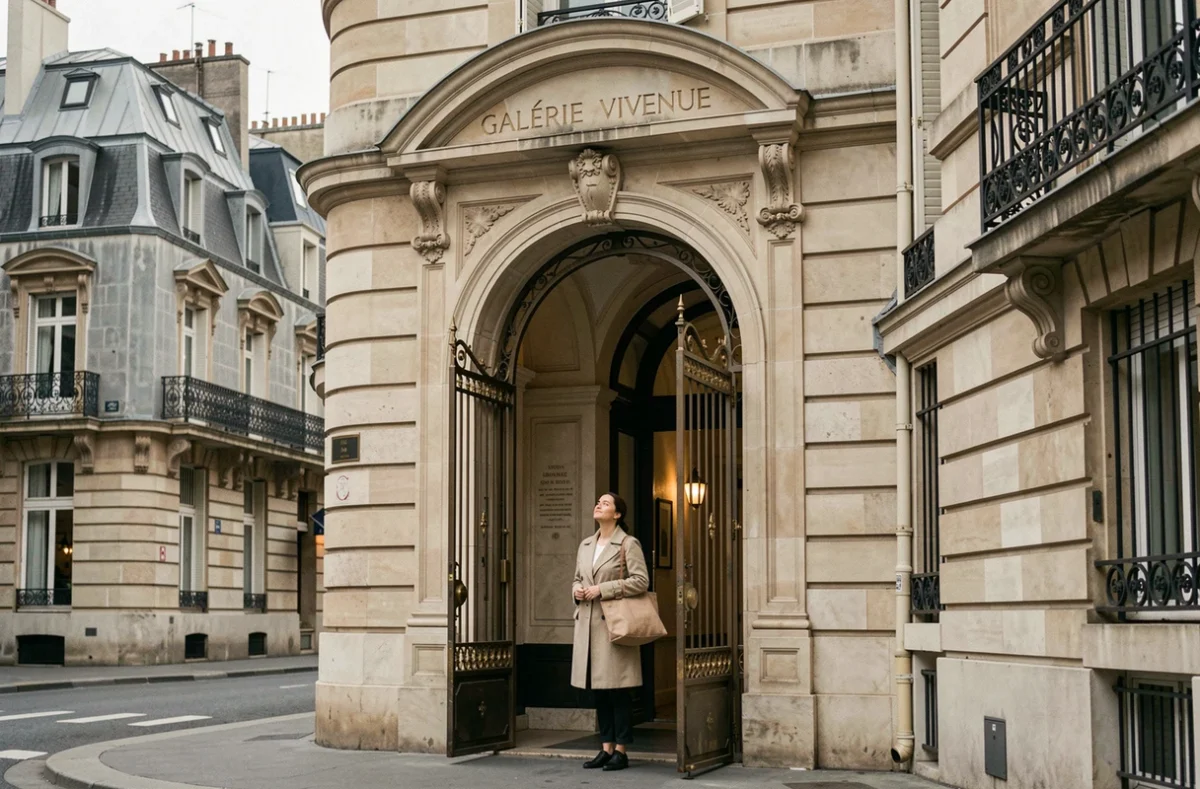 Entrée de la Galerie Vivienne rue de Vivienne à Paris avec son portail en fer forgé et son architecture haussmannienne