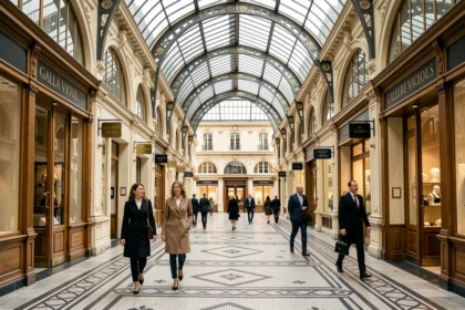 Vue intérieure de la Galerie Vivienne à Paris avec son sol en mosaïque et sa verrière en fer forgé