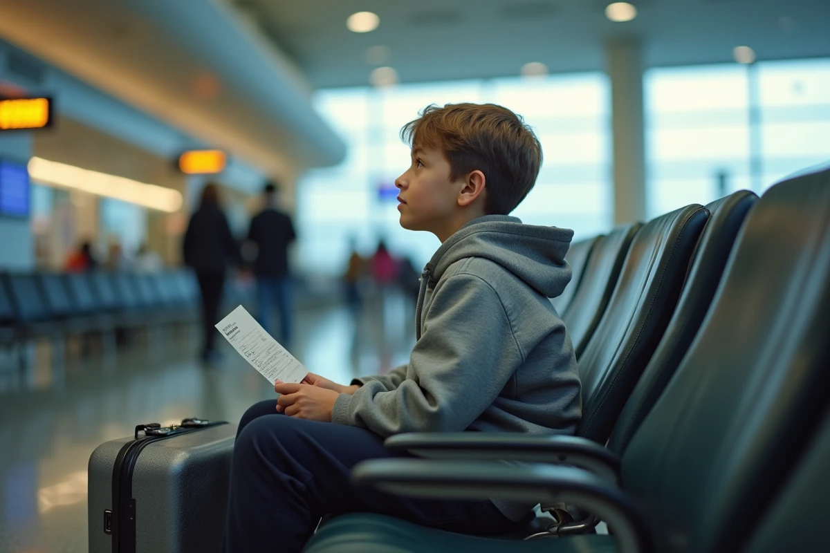 Garçon de 12 ans assis seul dans un terminal d'aéroport avec une valise et une carte d'embarquement