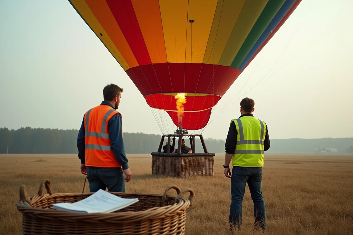 Équipe au sol gonflant une montgolfière colorée dans un champ avec documents officiels visibles sur le panier