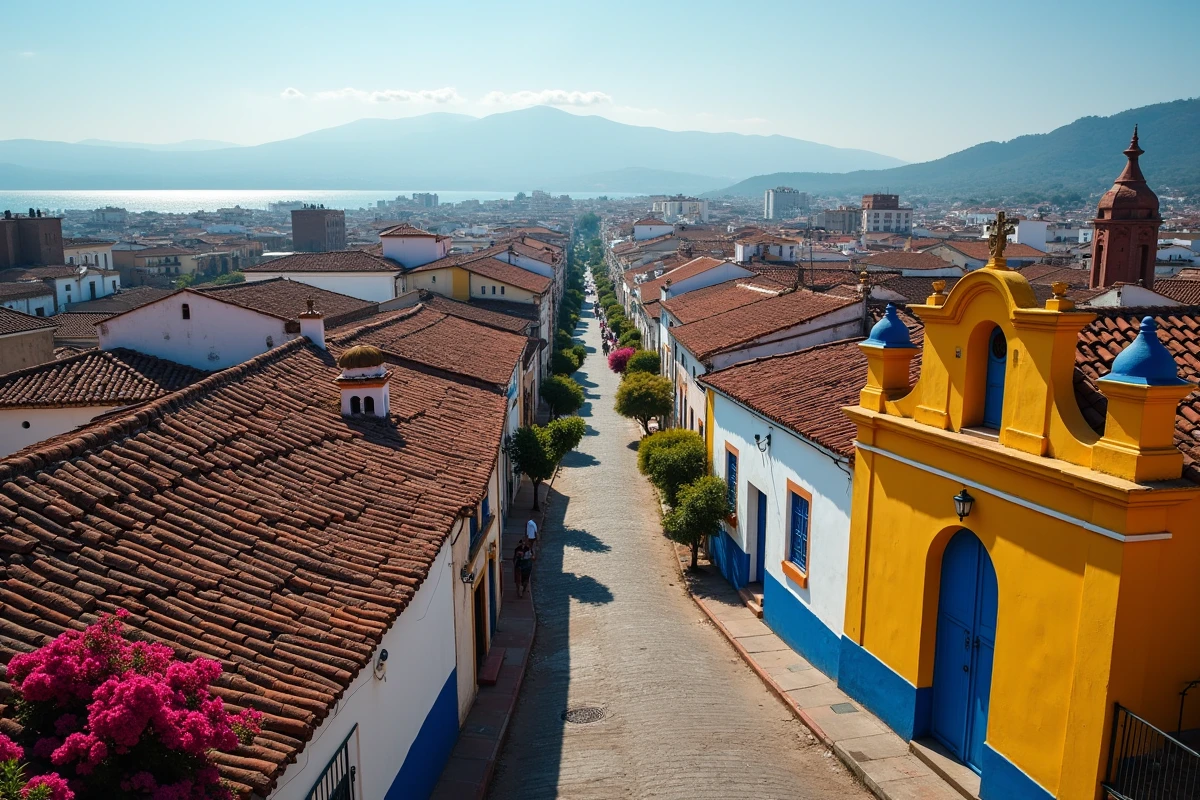 Vue panoramique aérienne de Granada Nicaragua avec ses toits de tuiles rouges, ses églises coloniales colorées et le lac Nicaragua en arrière-plan