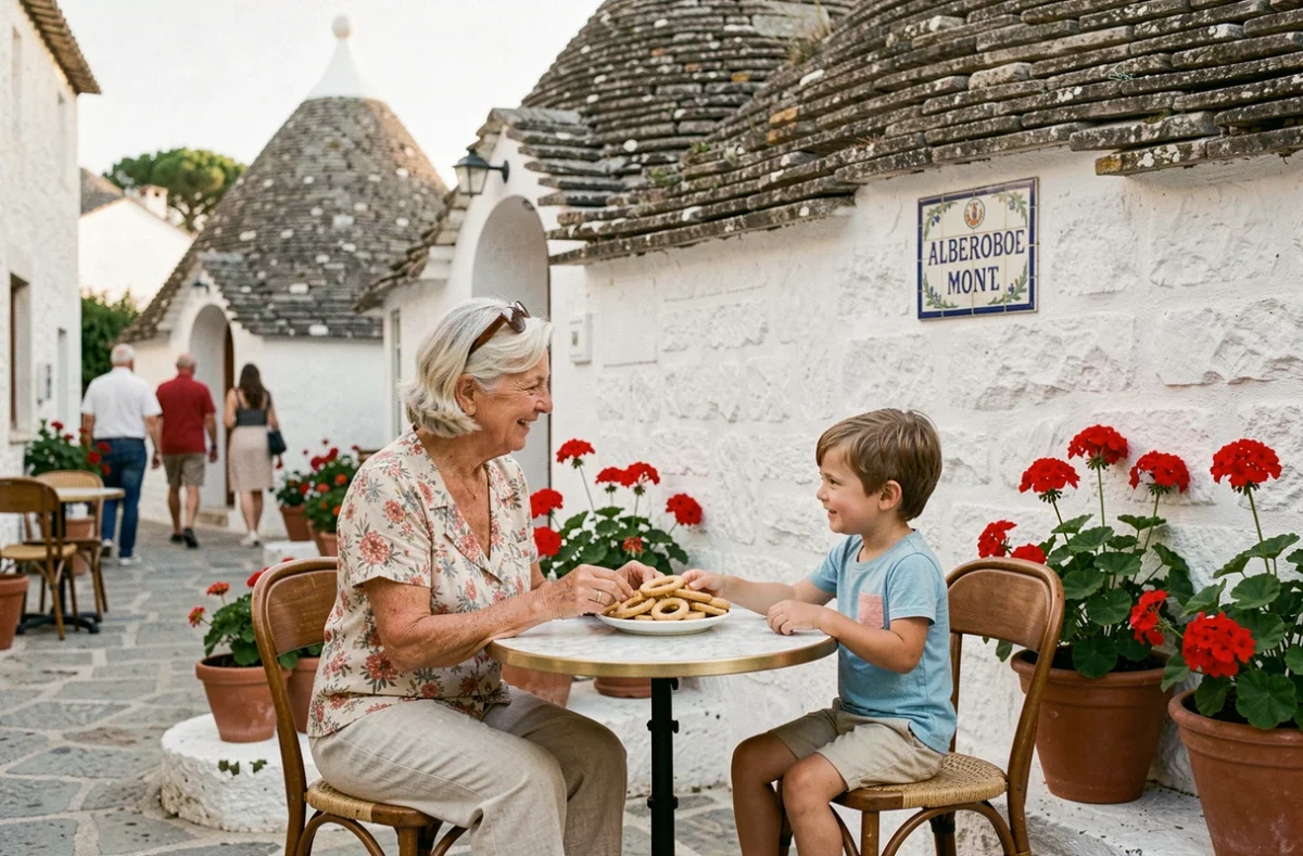 Grand-mère et petits-enfants savourant une pause café en terrasse face aux trulli d'Alberobello dans les Pouilles
