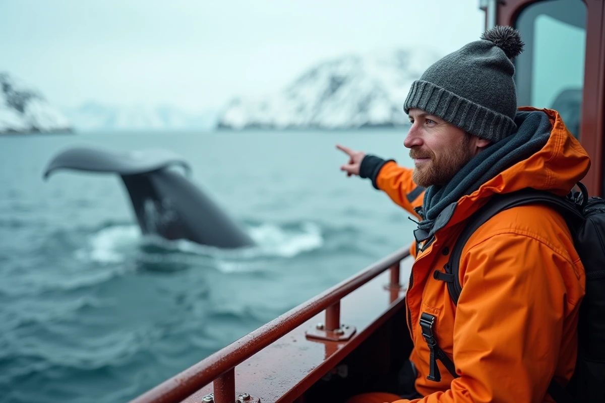 Guide naturaliste sur un bateau d'observation montrant une queue de baleine dans les eaux arctiques près de Tromsø
