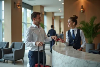 Réceptionniste d'hôtel remettant une carte magnétique à une cliente dans un grand hall moderne et épuré