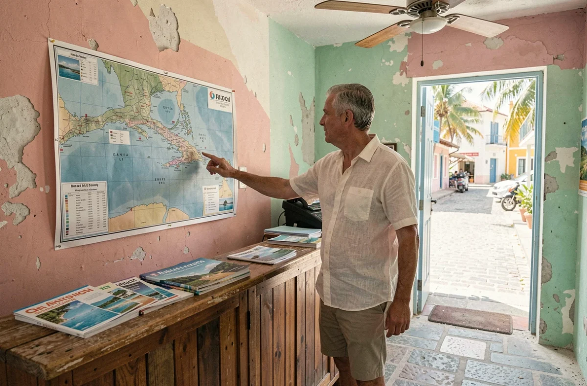 Homme en agence de voyage caribéenne consultant une carte des îles des Caraïbes avec des brochures touristiques