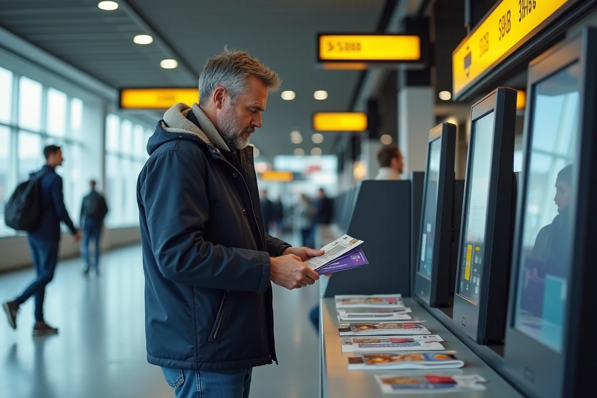 Homme comparant des offres de billets à prix réduit pour le train panoramique suisse à un guichet de gare SBB