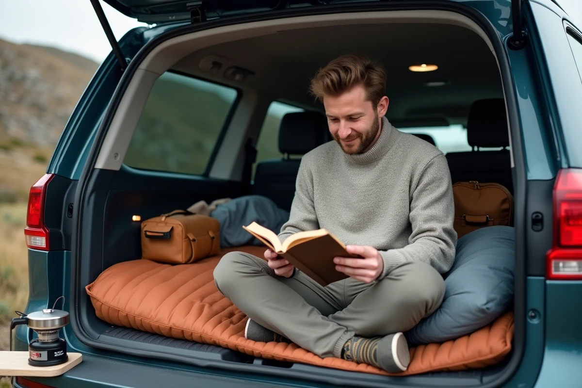 Homme lisant à l'intérieur d'un break aménagé pour dormir, coffre ouvert sur un parking de montagne avec réchaud portable
