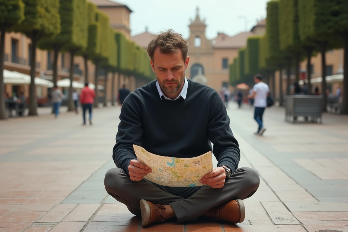 Homme consultant une carte papier dans une place méditerranéenne pour mieux connaître et comprendre une ville
