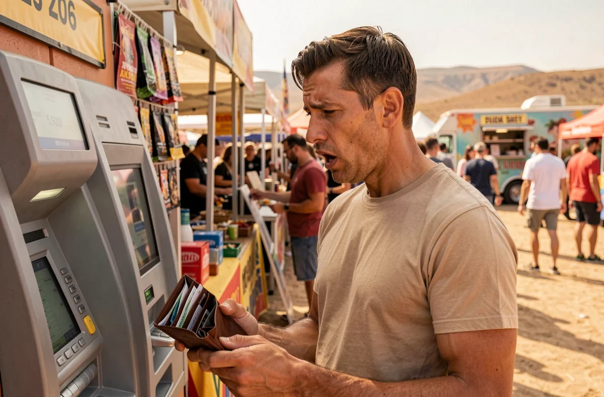 Homme surpris devant un distributeur automatique au festival Coachella, réagissant aux prix élevés de l'événement