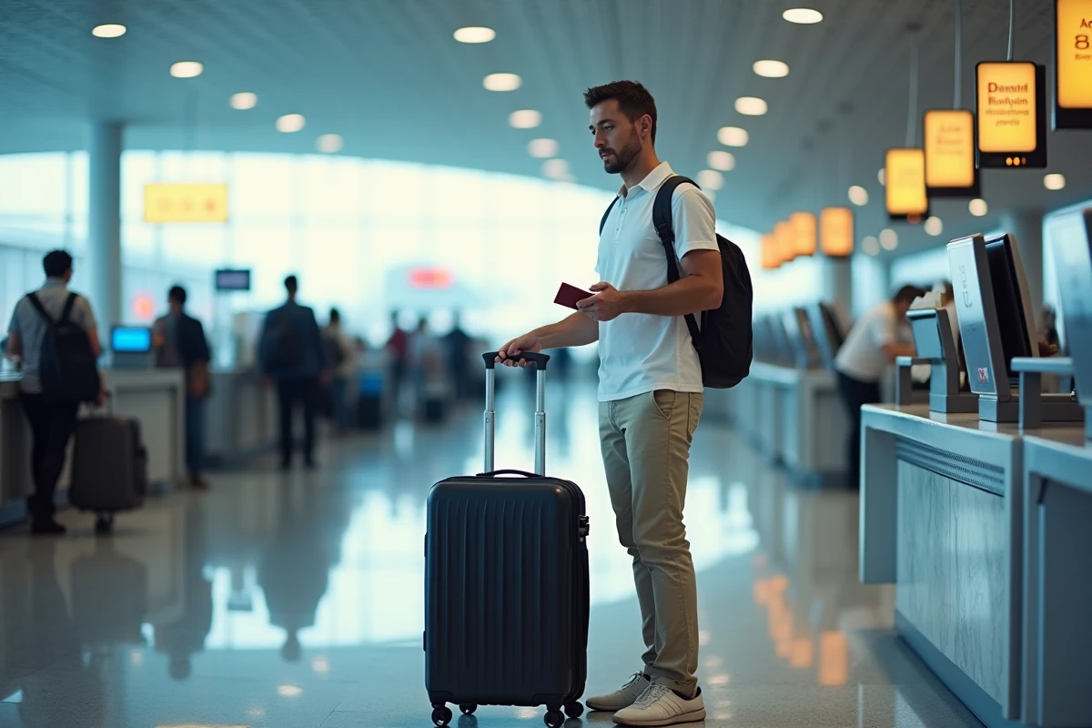 Homme déposant sa valise à l'enregistrement dans un aéroport international avec passeport et carte d'embarquement