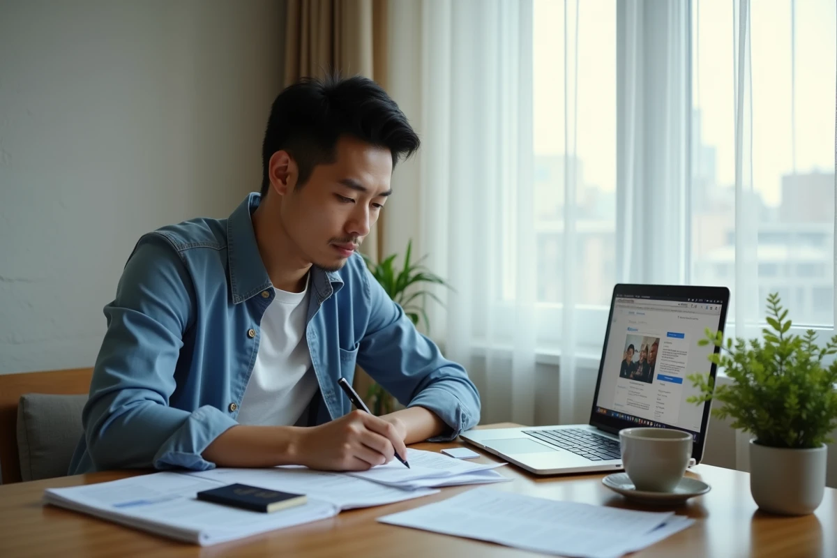 Jeune homme remplissant des formulaires d'immigration à son bureau avec un passeport et un ordinateur portable
