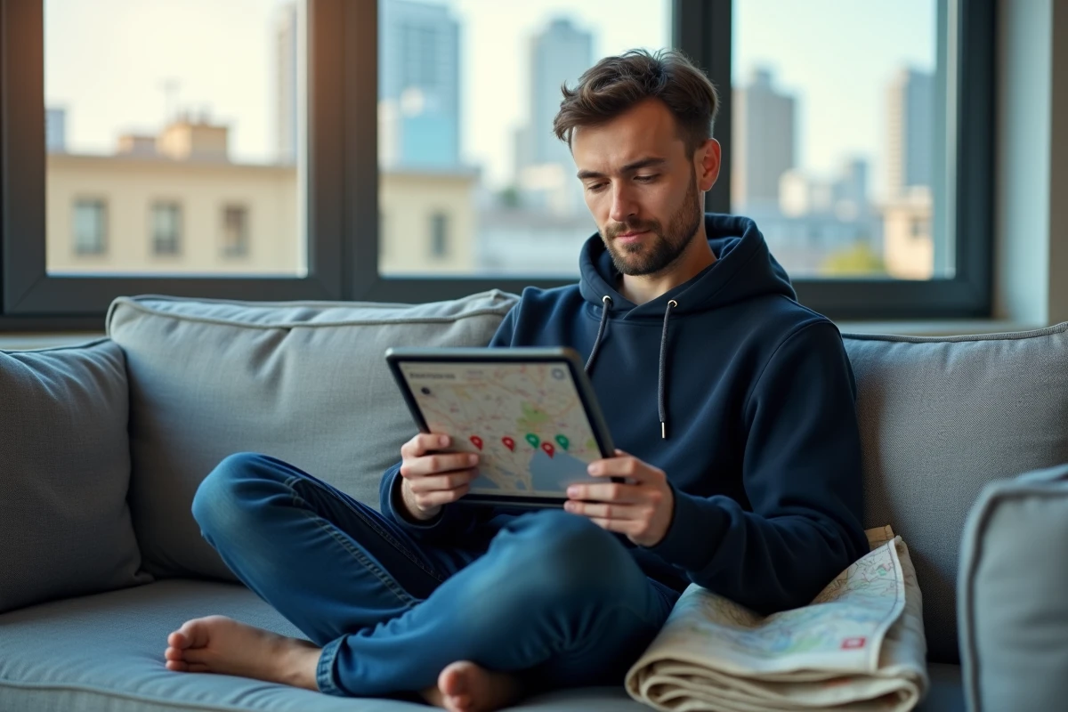 Homme consultant un itinéraire de voyage personnalisé sur Google My Maps depuis une tablette dans un salon moderne