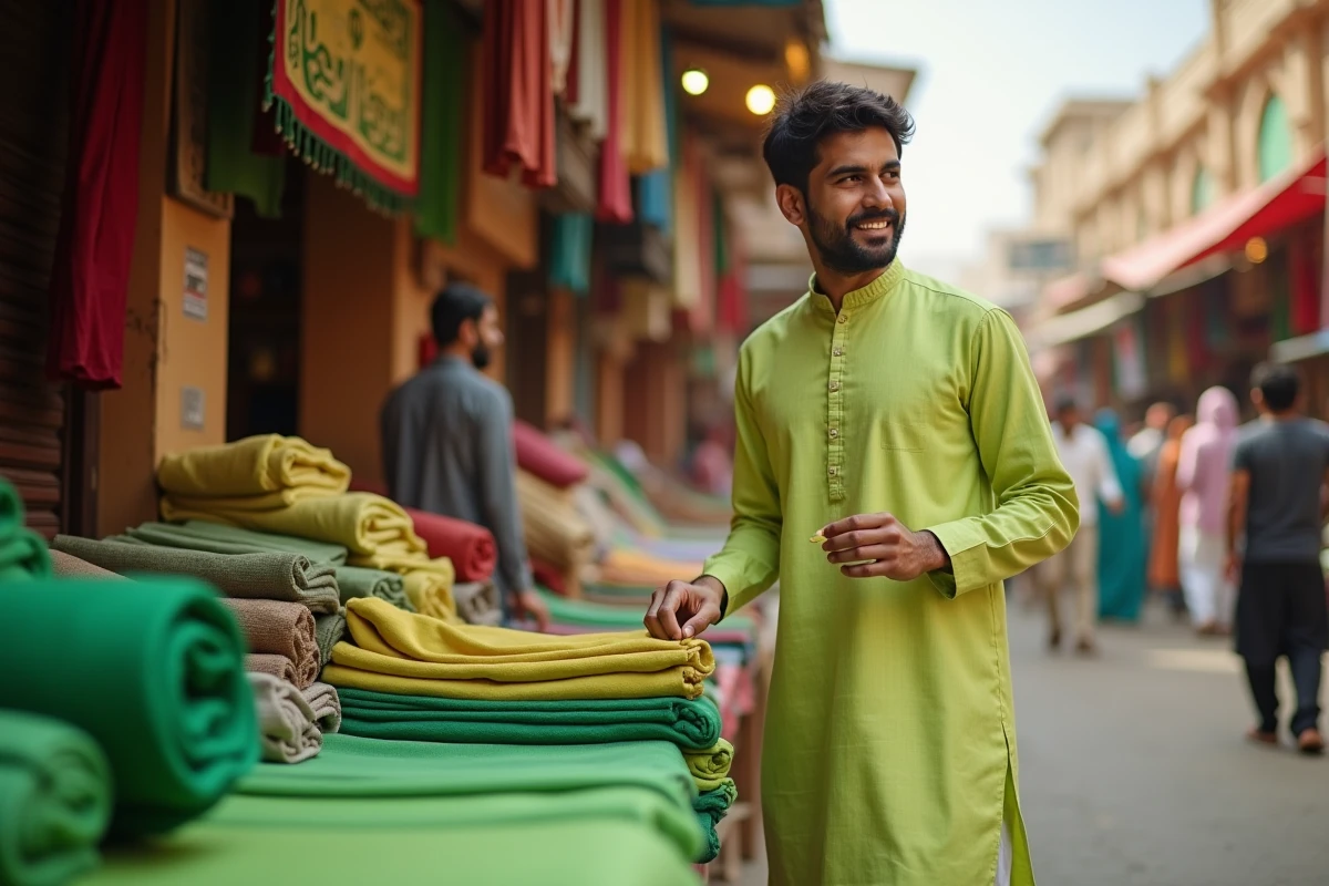 Homme indien en kurta vert lime explorant un marché de textiles à Jaipur le mercredi
