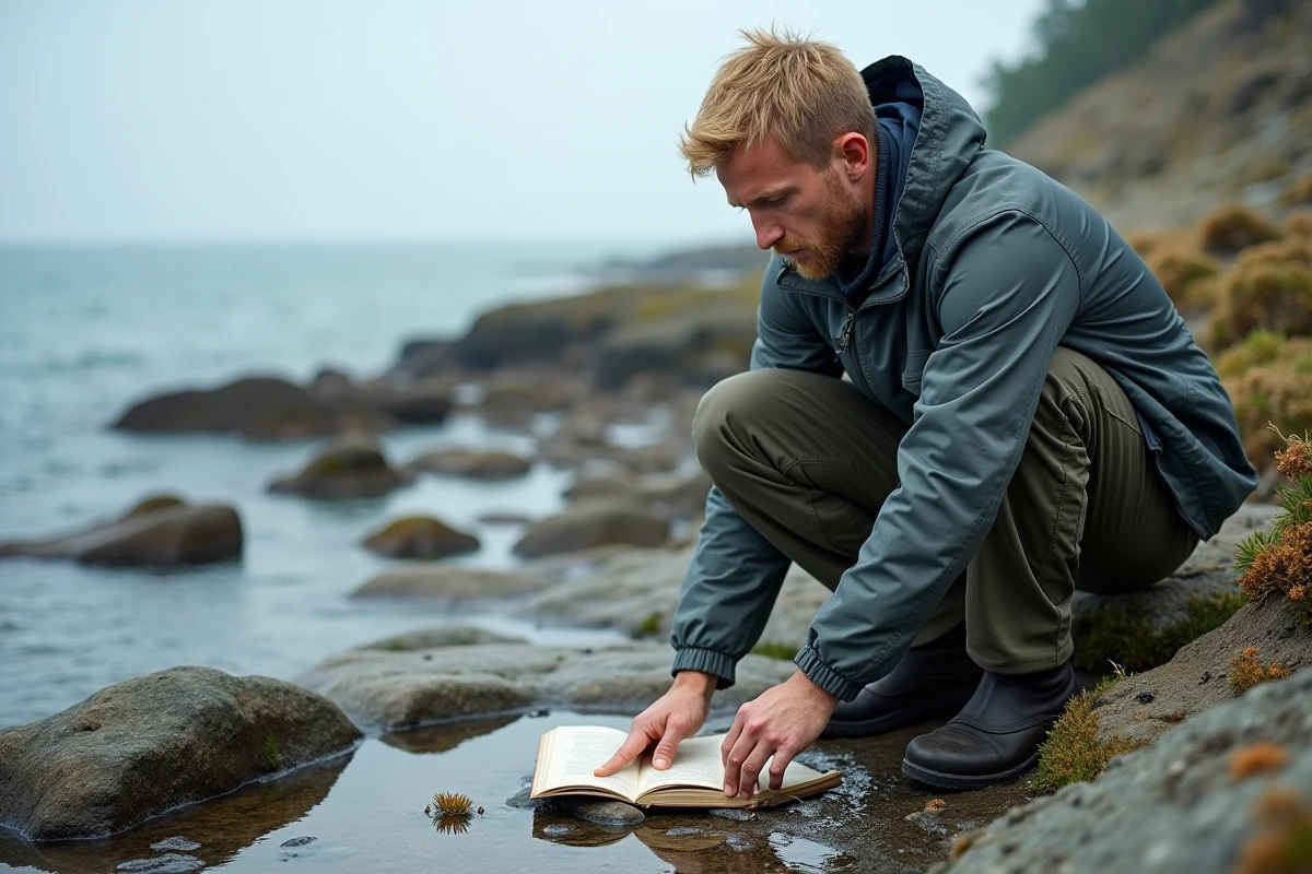 Homme observant respectueusement la vie marine dans une mare côtière, symbolisant l'éco-tourisme et la préservation des milieux naturels