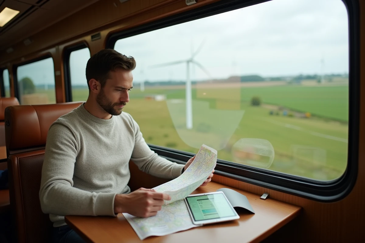 Homme planifiant un voyage éco-responsable sur tablette dans un compartiment de train avec vue sur la campagne