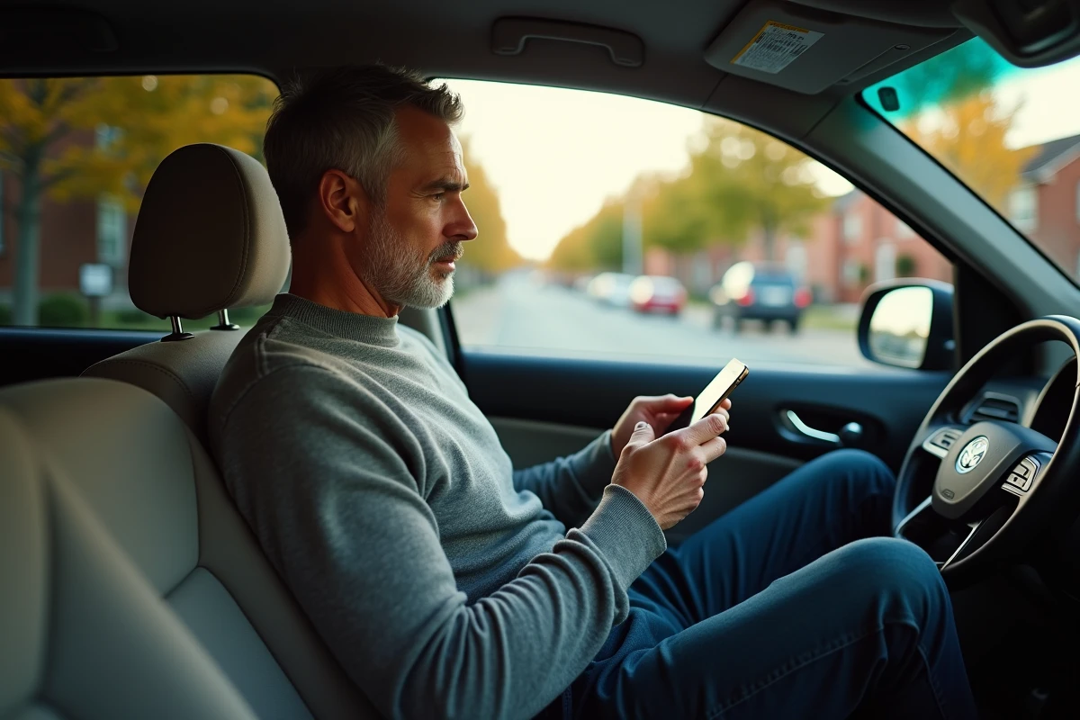 Un homme détendu utilisant une application de taxi sur son smartphone à l'intérieur d'une voiture de taxi