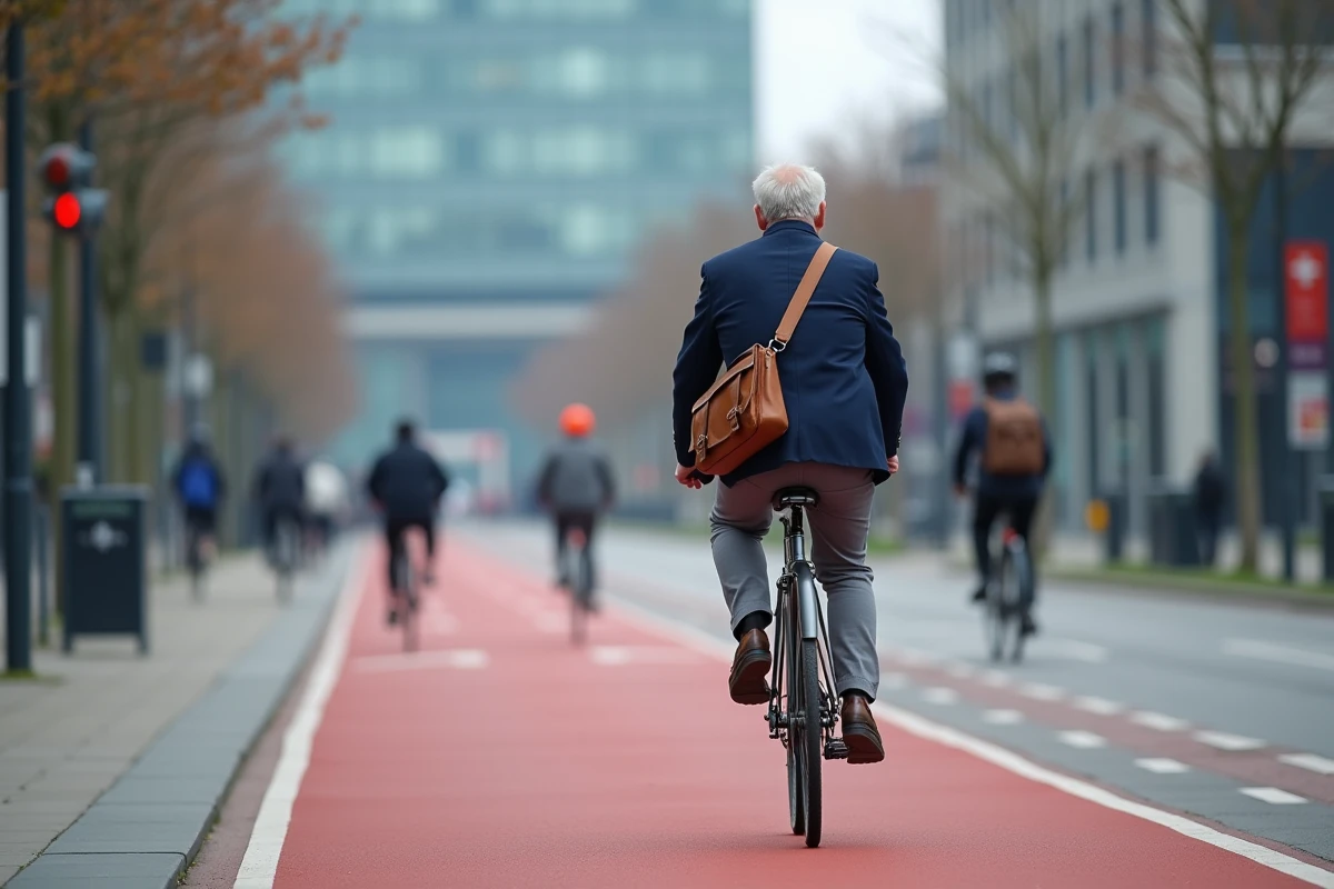 Homme d'affaires néerlandais à vélo sur une piste cyclable sans casque à Rotterdam