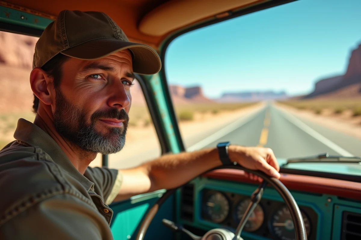 Homme au volant d'un vieux van contemplant une route désertique lors d'un road trip en Amérique