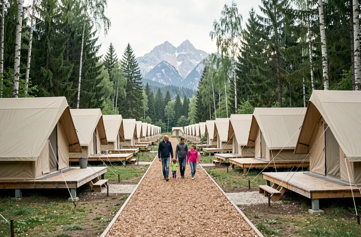 Tentes de type safari sur plateformes en bois dans la forêt du camping Huttopia Divonne-les-Bains dans l'Ain